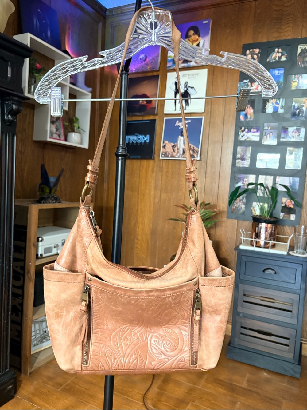 The Sak Brown Tooled Leather Hobo Gold Hardware Shoulder Bag